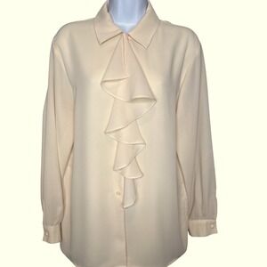 Chaus Womens Cream Ruffle Front Long Sleeve Blouse Est Sz Large Light Academia
